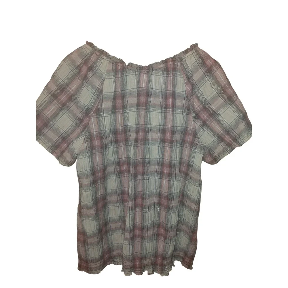 CJ Banks Womens 1X Plaid Peasant Top Metallic Gold Thread Short Sleeve Blouse - Picture 4 of 4
